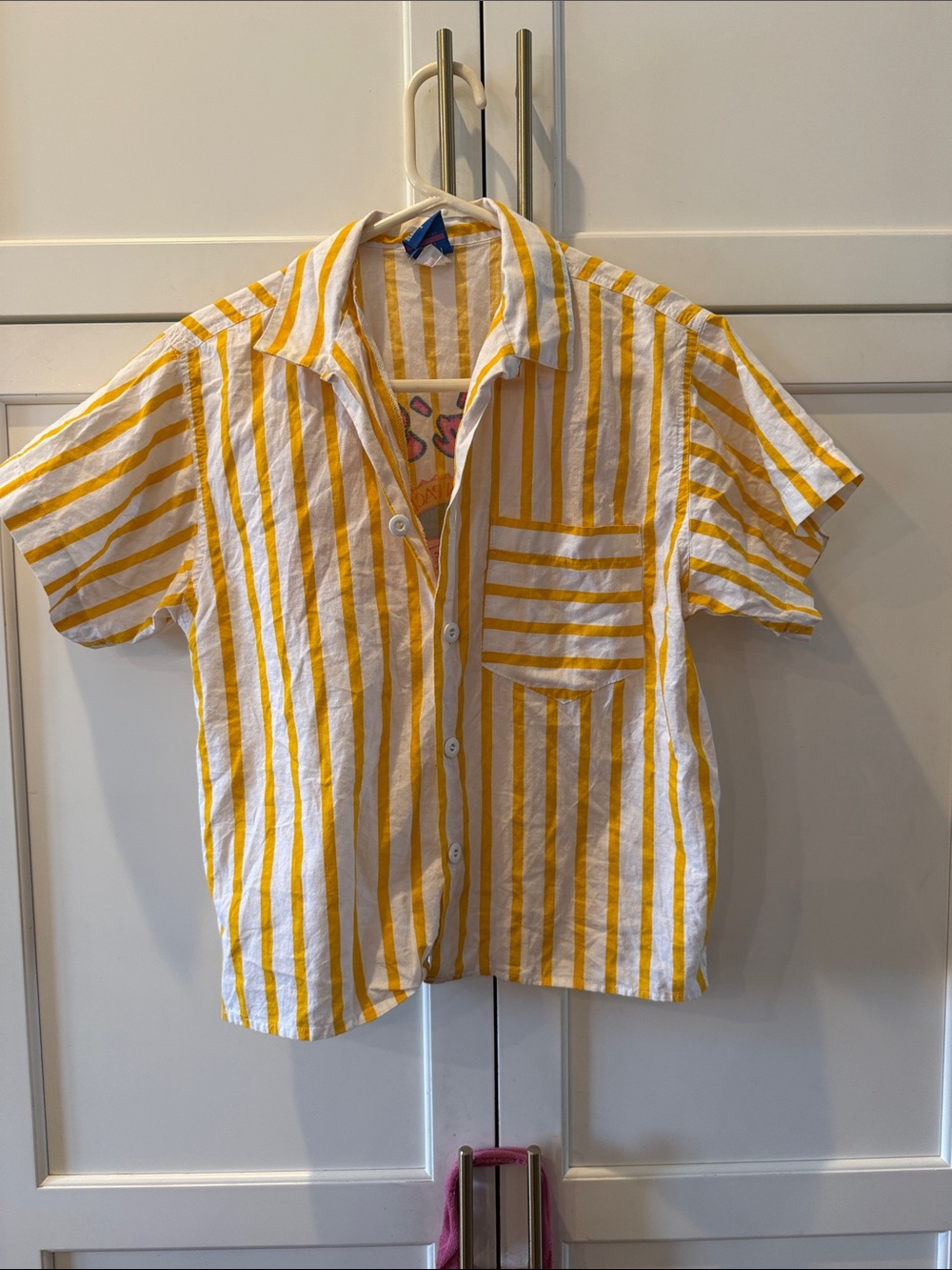 Vintage OP Yellow and White Vertical Stripe Short-Sleeve Button-Down Shirt small